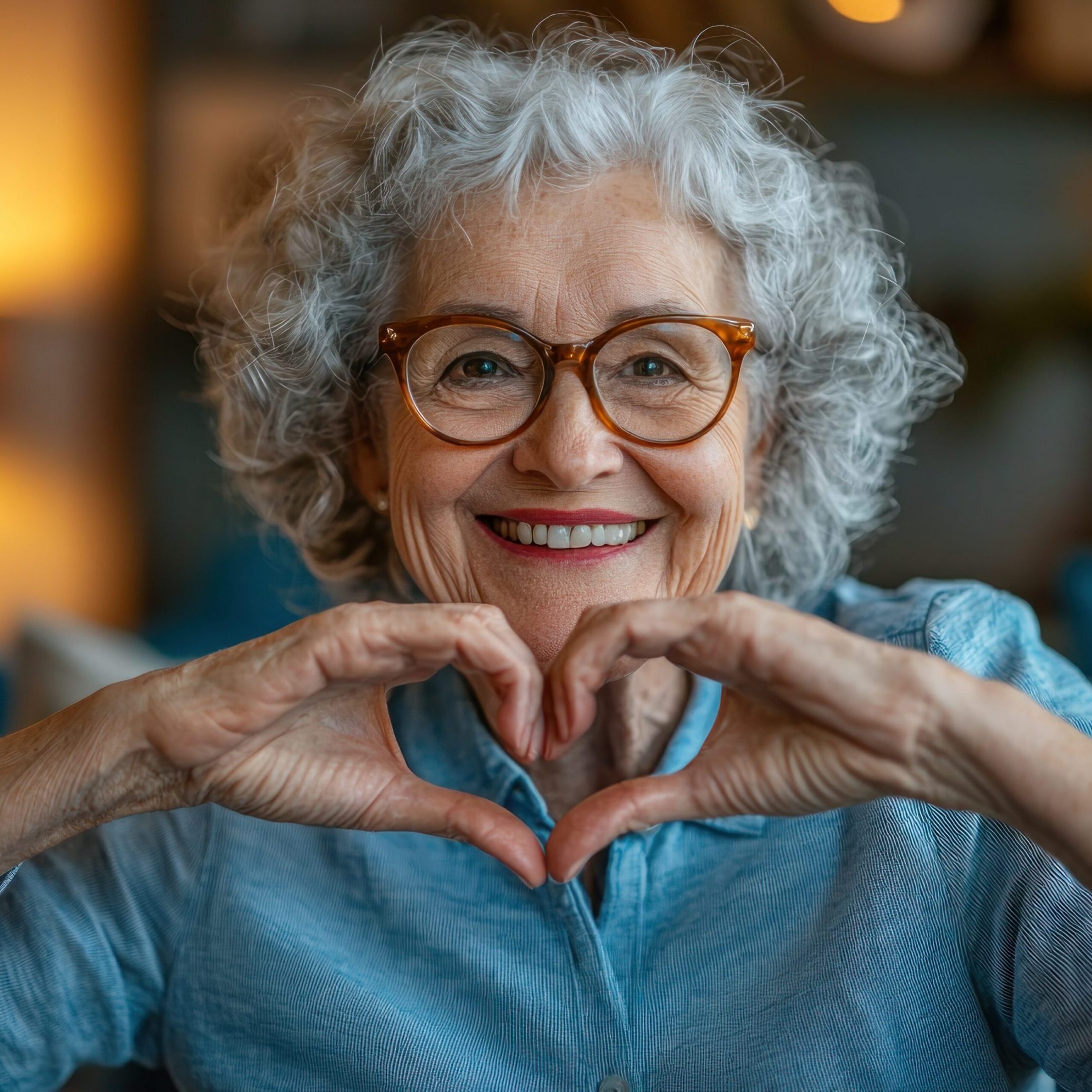 Close-up of an elderly woman making a heart shape with her hands, smiling happily at the camera while taking a selfie, wearing glasses, with a blurred background,generated ai
